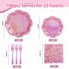 100Pcs Hot Pink Paper Plates and Napkins Party Supplies,Iridescent Disposable 9inch Plates,7inch Dessert Plates and Napkins and Forks,Holographic Tableware for Birthday Wedding Anniversaries,Serves 25 view 3