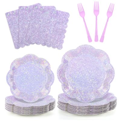 100pcs Lavender Paper Plates and Napkins Party Supplies,Iridescent Disposable 9inch Plates,7inch Dessert Plates and Napkins and Forks,Holographic Tableware for Birthday Wedding Baby Shower,Serves 25