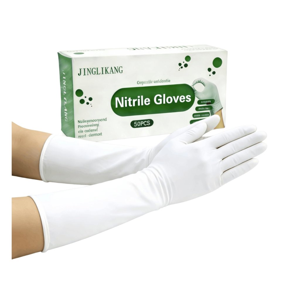 JINGLIKANG 16inch Nitrile Disposable Gloves Long Sleeves Blue 6mil Durable Waterproof M code Clean Dishwashing White 50PCS (50, White, M)