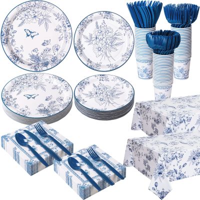 Ziliny 352 Pcs Blue Floral Disposable Tableware Set Vintage Flower Party Supplies Set for 50 Guests Tea Party Disposable Dinnerware Includes Plates Napkins Cups Cutlery for Wedding Bridal Shower