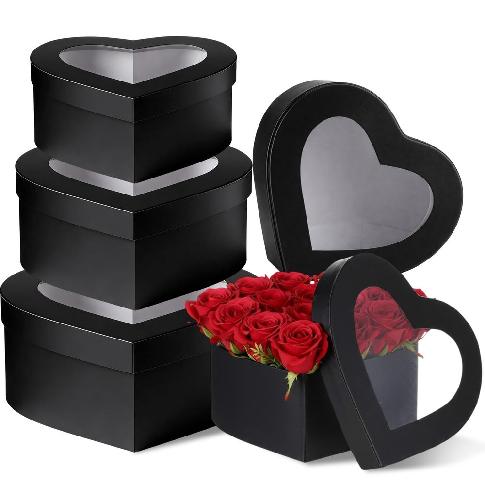 Acellegic 4 Pcs Mother Day Heart Shaped Flower Box with Clear Lids & Floral Foam Black 4 Different Sizes Nesting Gift Boxes for Arrangements Home Wedding Bridesmaid Birthday Graduation Decoration