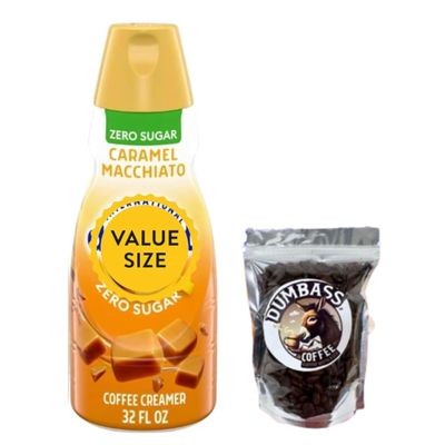 Premium Liquid Coffee Creamer, 32 fl oz Liquid Non-Dairy Creamer with Dumbass Coffee Whole CoffeeBean Medium/Dark 1 oz (Zero Sugar Caramel Macchiato) Coffee