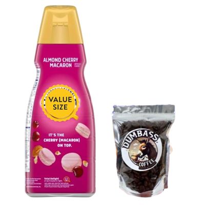 Premium Liquid Coffee Creamer 32 fl oz Gluten Free & Non Dairy Creamer - Rich & Smooth Flavored Creamer with Dumbass Coffee Whole CoffeBean Medium/Dark 1 oz (Almond Cherry Macaron Flavor) Coffee