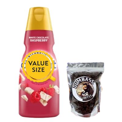 Premium Liquid Coffee Creamer, 32 fl oz Liquid Non-Dairy Creamer with Dumbass Coffee Whole CoffeeBean Medium/Dark 1 oz (White Chocolate Raspberry) Coffee