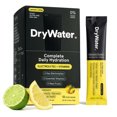 DryWater Electrolyte + Vitamin Hydration Powder Packets Lemon Lime, 1,000mg Potassium, Real Organic Fruit, NSF Certified for Sport, Nothing Artificial, No Added Sugar (12 Stick Packs)