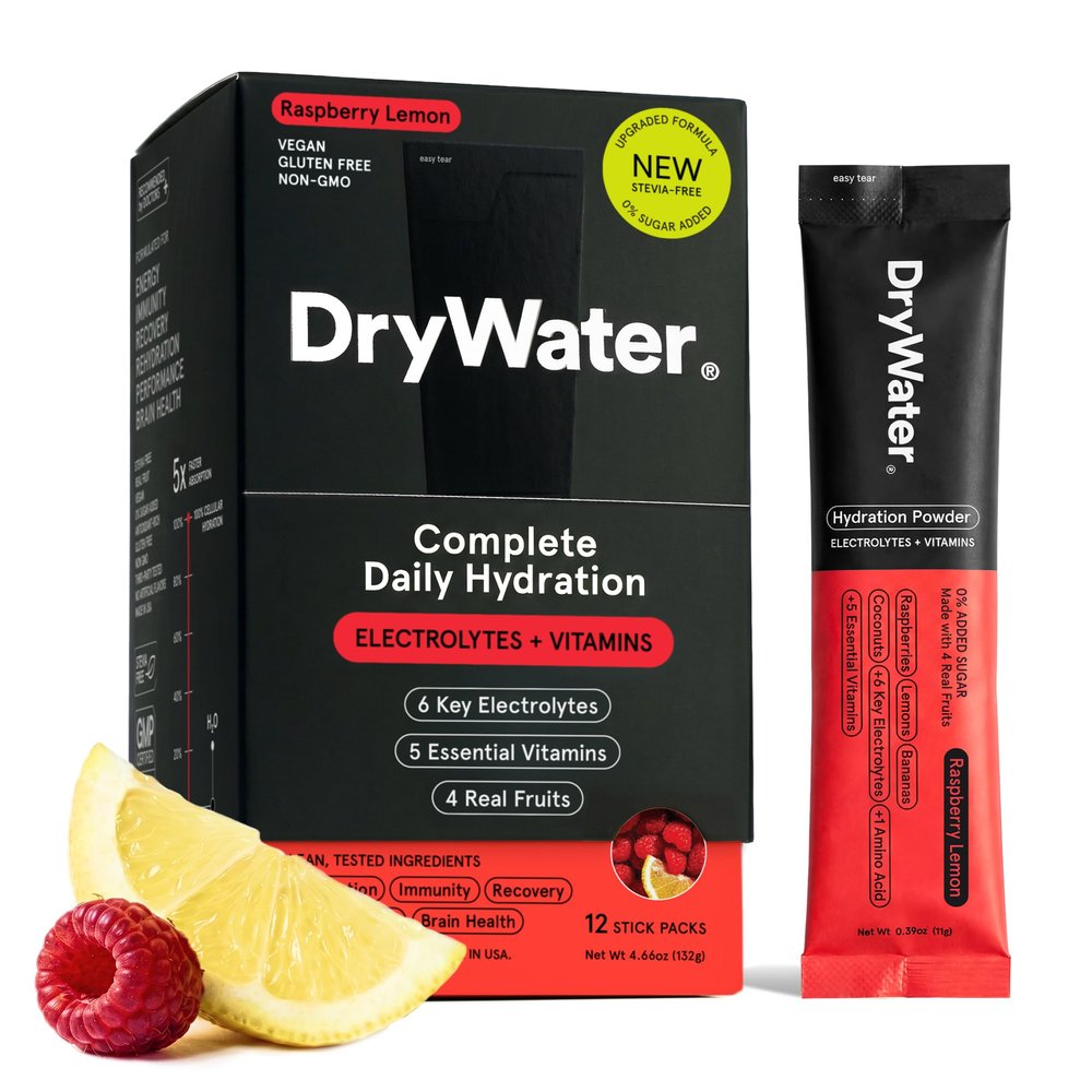 DryWater Electrolyte + Vitamin Hydration Powder Packets, Raspberry Lemon (Stevia-Free), 1,000mg Potassium, Real Organic Fruit, NSF Certified Sport, Nothing Artificial, No Added Sugar (12 Stick Packs)