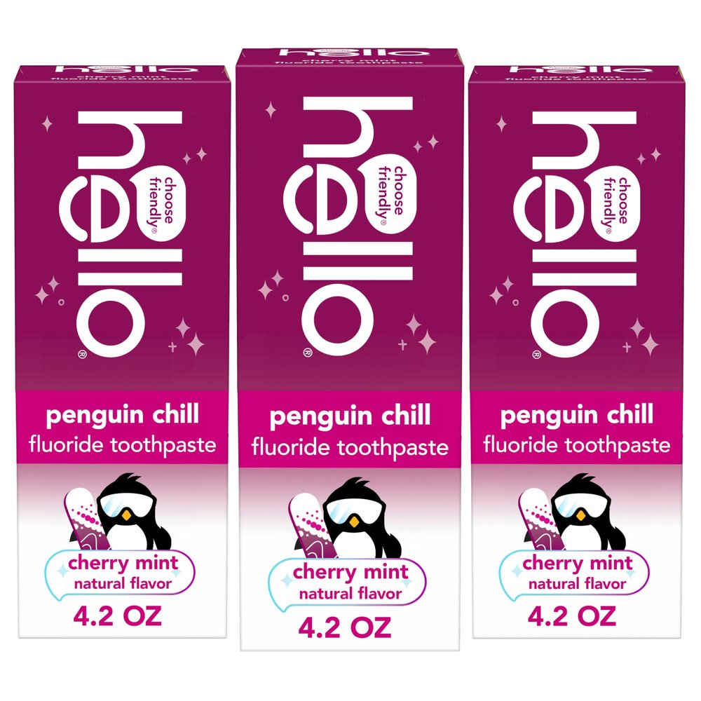Hello Penguin Chill Kids Toothpaste with Fluoride, Kids Mint Toothpaste with Cherry Flavor, Freshens Breath and Helps Prevent Cavities, Strengthens Enamel, SLS Free, 4.2 oz Tube (Pack of 3)