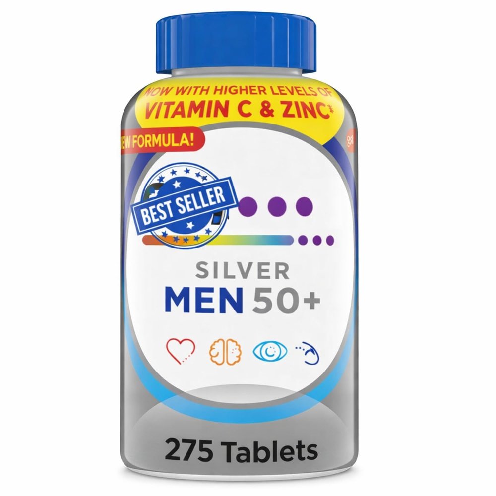 Silver Mens 50+ Plus Daily Multivitamin Multimineral Supplement with Vitamin D3, Zinc, B Vitamins & Antioxidants, Supports Heart, Muscle & Immune Health 275 Tablets