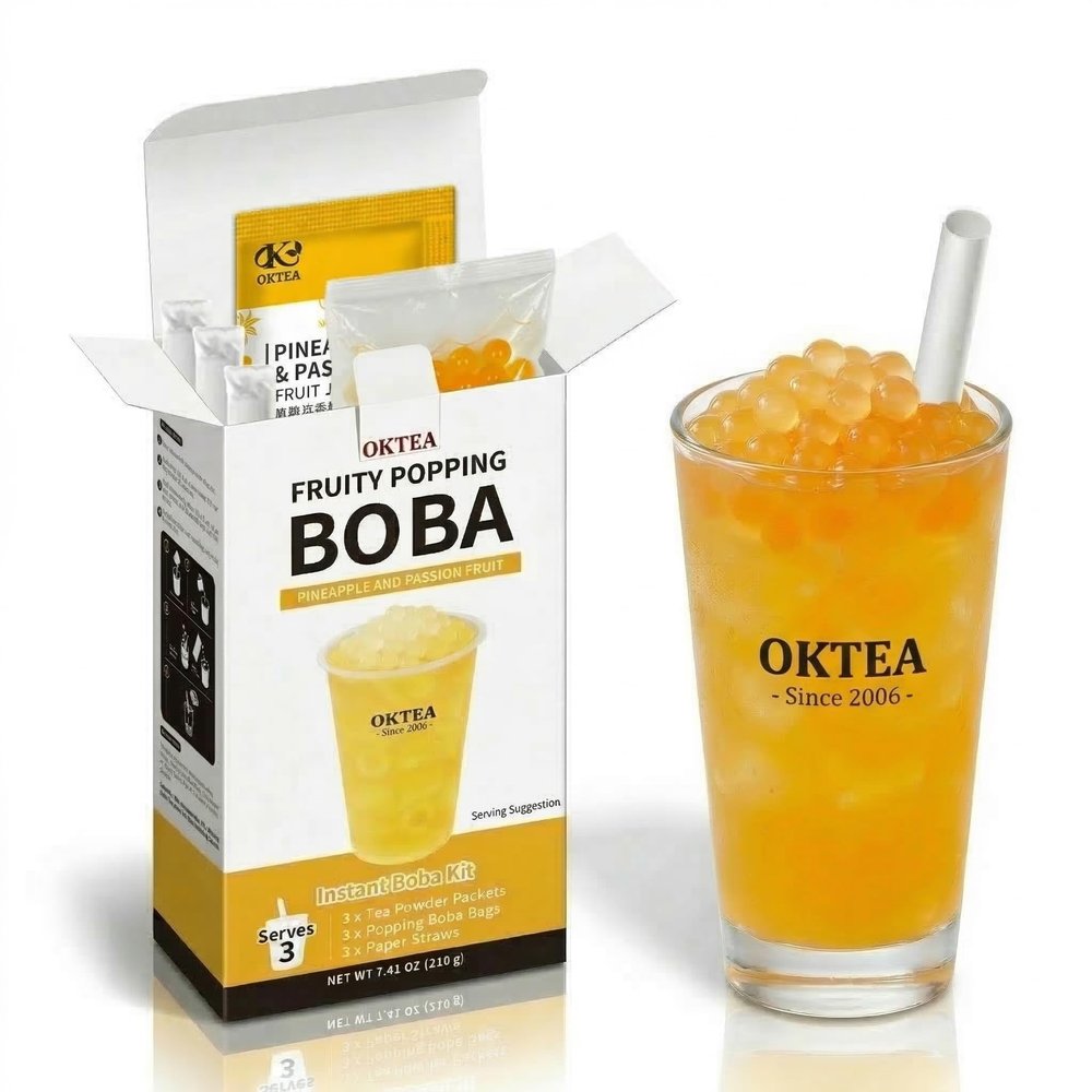 OKTEA Fruity Popping Boba Passion Fruit & Pineapple Tea Kit - Vibrant Passionfruit Flavored Balls, Tropical Pineapple & Passion Fruit Juice Mix, DIY Bubble Pearl Drink Set with Straws - 3 Servings