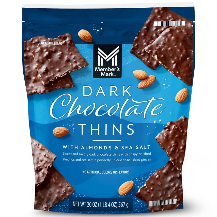 Dark Chocolate, (Sugar, Chocolate Liquor, Cocoa Butter, Chocolate Liquor Processed With Alkali, Soy Lecithin, Natural Vanilla Flavor, Milk), Thins With Almonds & Sea Salt (20oz)