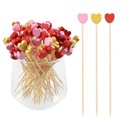 100 Pcs 4.7 Inch Love Heart Cocktail Picks, PEOUWNES Bamboo Toothpicks for Appetizers Sandwich Fruit Charcuterie Skewers Cake Dessert Barbecue Wedding Valentines Party Food Drinks Garnish