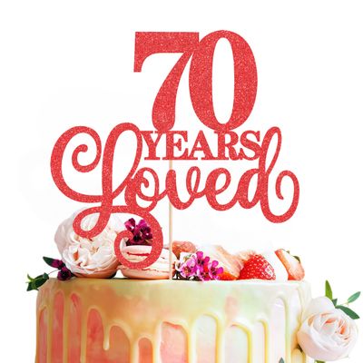 MYAMPED 70 Years Loved Cake Topper - Red Glitter 70th Birthday & Anniversary Cake Decoration for Women Men Party Supplies, Photo Booth Props