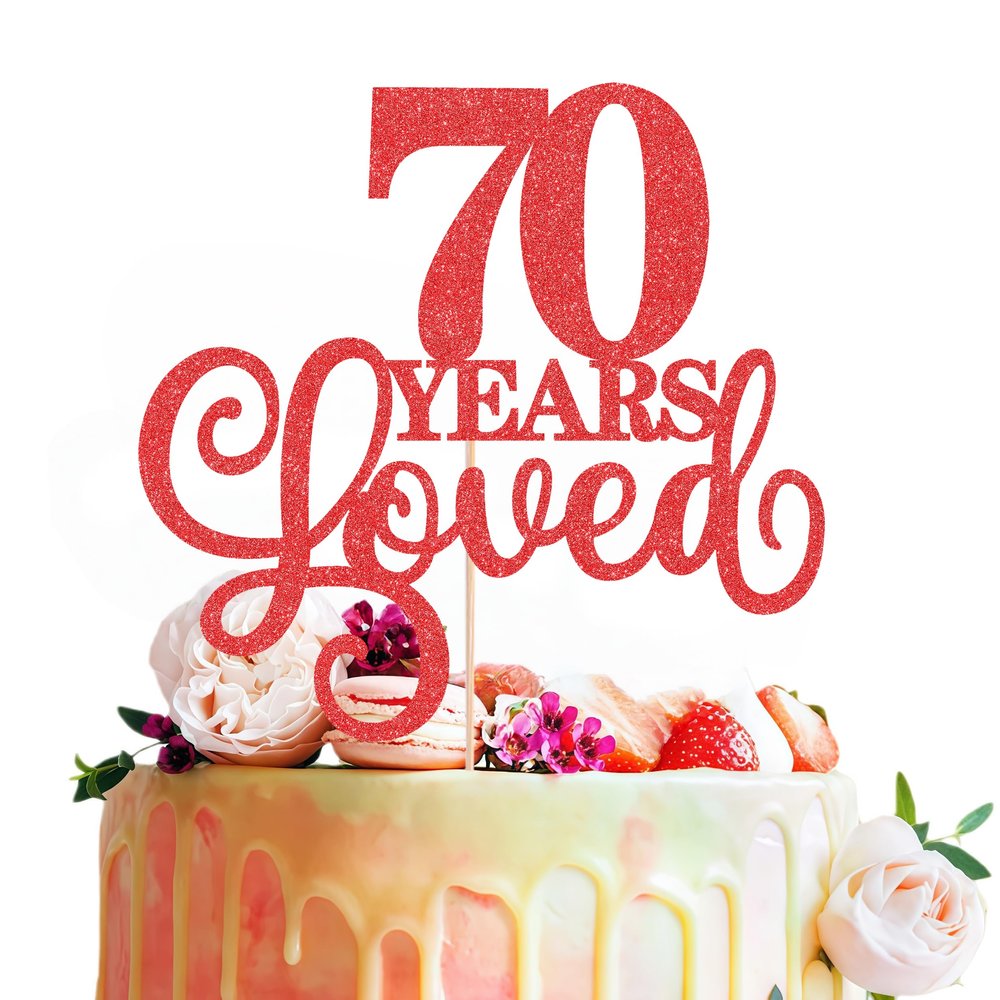 MYAMPED 70 Years Loved Cake Topper - Red Glitter 70th Birthday & Anniversary Cake Decoration for Women Men Party Supplies, Photo Booth Props