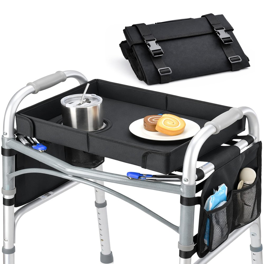 FANGSUN Walker Tray for Folding Walker, Side Pockets & Cup Holder