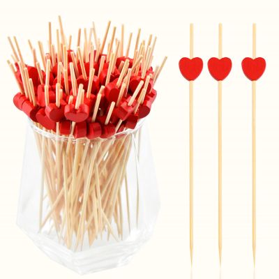 100 Pcs 4.7 Inch Red Love Heart Cocktail Picks, PEOUWNES Bamboo Toothpicks for Appetizers Sandwich Fruit Charcuterie Skewers Cake Dessert Barbecue Wedding Valentines Party Food Drinks Garnish