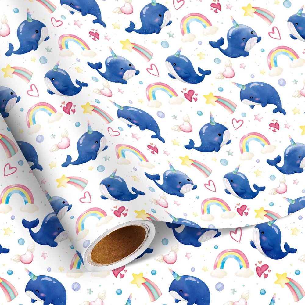 Pineraap Whale Wrapping Paper Roll, 17 Inch x 16.4 Feet Watercolor Narwhal Rainbow Heart Pattern Gift Wrap Cute Animal Gift Wrapping Paper for Boys Girls Birthday, Baby Shower