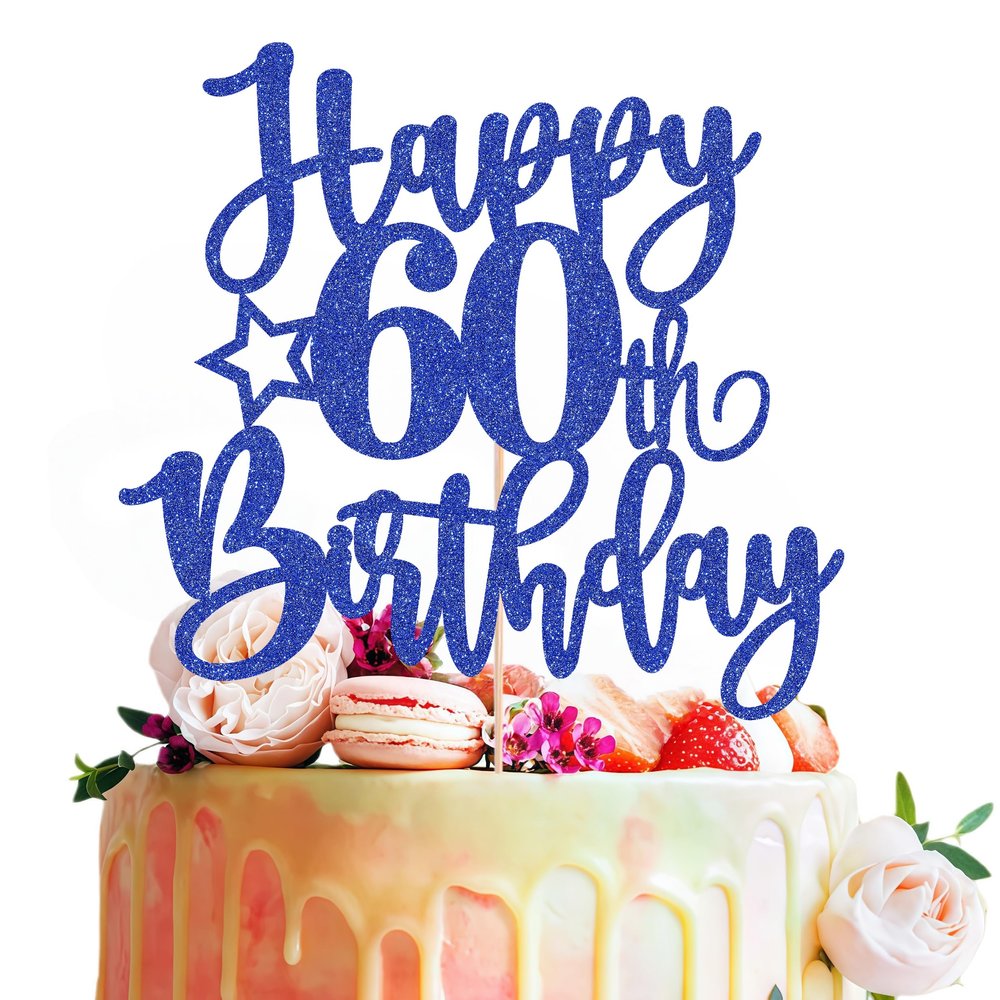 MYAMPED Happy 60th Birthday Cake Topper - Royal Blue Glitter 60th Birthday Cake Decoration, Cheers to 60 Years Birthday Cake Pick 60 Fabulous Decor, Photo Booth Props