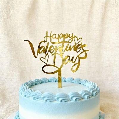 Happy Valentine's Day Cake Topper,Golden Heart Cake Sign Acrylic Valentine Heart for Wedding Anniversary Party Decorations