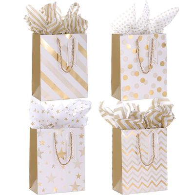 Dimetey Gold and White Gift Bags with Tissue Paper and Gift Tags, 4 Pack, 9x7x4 Inch, Assorted Patterns (Stripes, Dots, Stars, Chevron) for Birthday, Valentine's Day, Christmas, All Occasions