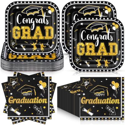Zhehao 144 Pcs 2026 Graduation Plates and Napkins Set Serve 72, Black and Gold Graduation Party Supplies 7" Square Congrats Grad Paper Plates and Napkins Class of 2026 Disposable Dinnerware Decoration