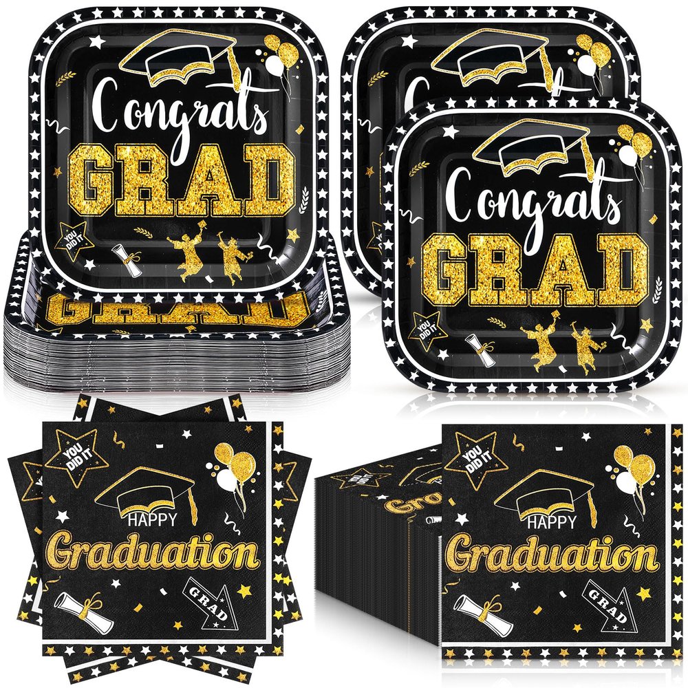 Zhehao 144 Pcs 2026 Graduation Plates and Napkins Set Serve 72, Black and Gold Graduation Party Supplies 7" Square Congrats Grad Paper Plates and Napkins Class of 2026 Disposable Dinnerware Decoration