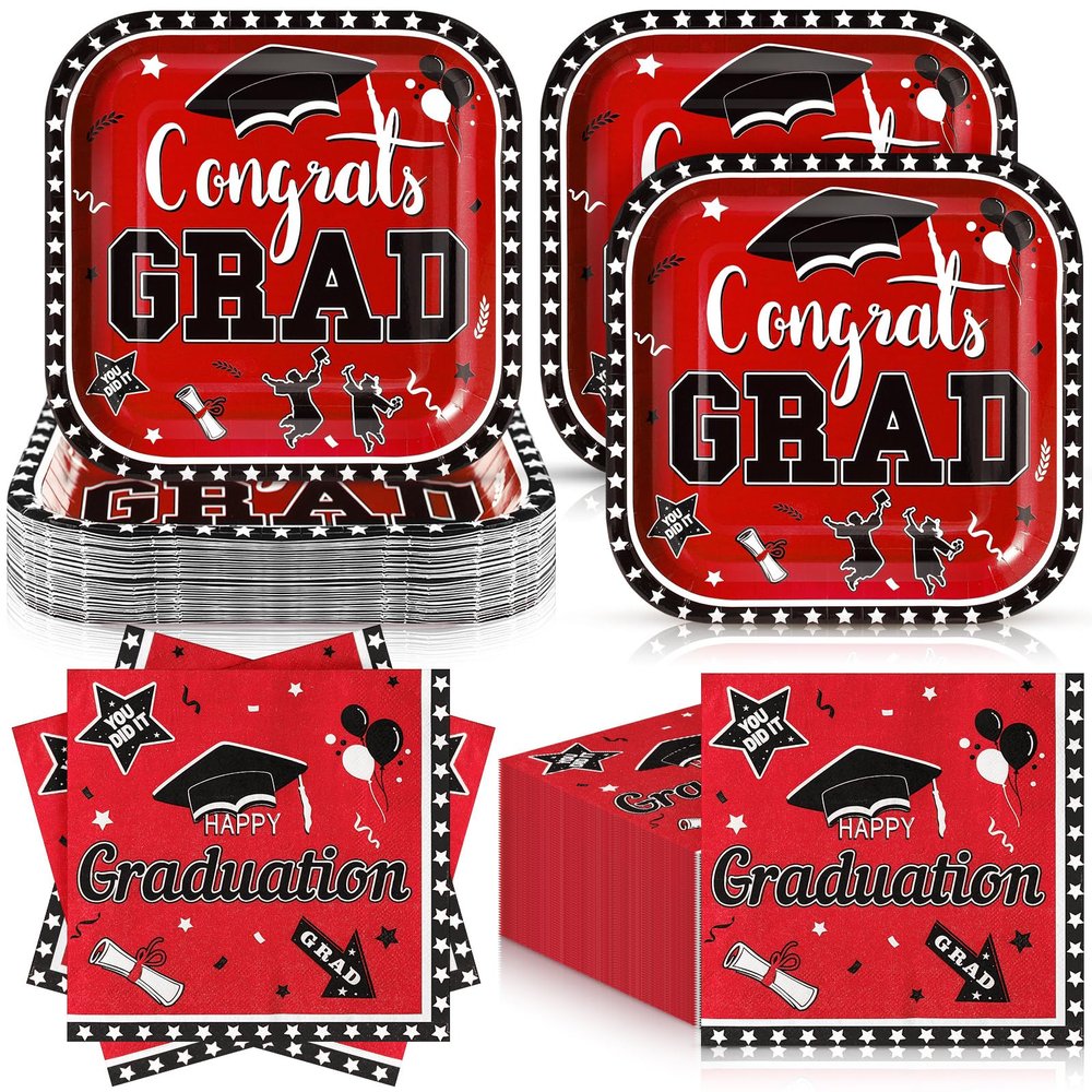 Zhehao 144 Pcs 2026 Graduation Plates and Napkins Set Serve 72, Red and Black Graduation Party Supplies 7" Square Congrats Grad Paper Plates and Napkins Class of 2026 Disposable Dinnerware Decoration
