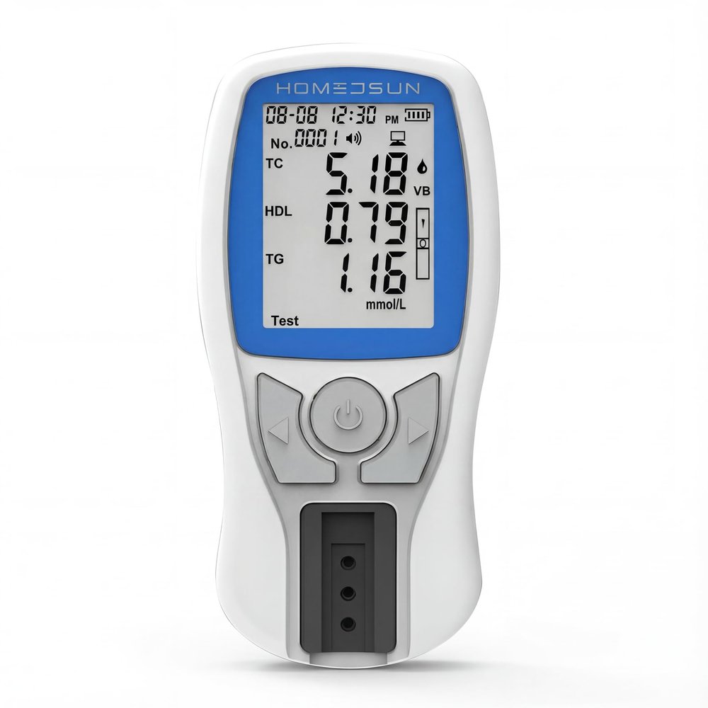 HOMEDSUN 4-in-1 Cholesterol Meter HSLPM-102 - Portable Blood Lipid Profile Analyzer Kit for TC, HDL, LDL, Triglycerides - Home Testing Device with 5Pcs Strips, Lancets, Droppers - Fast Results