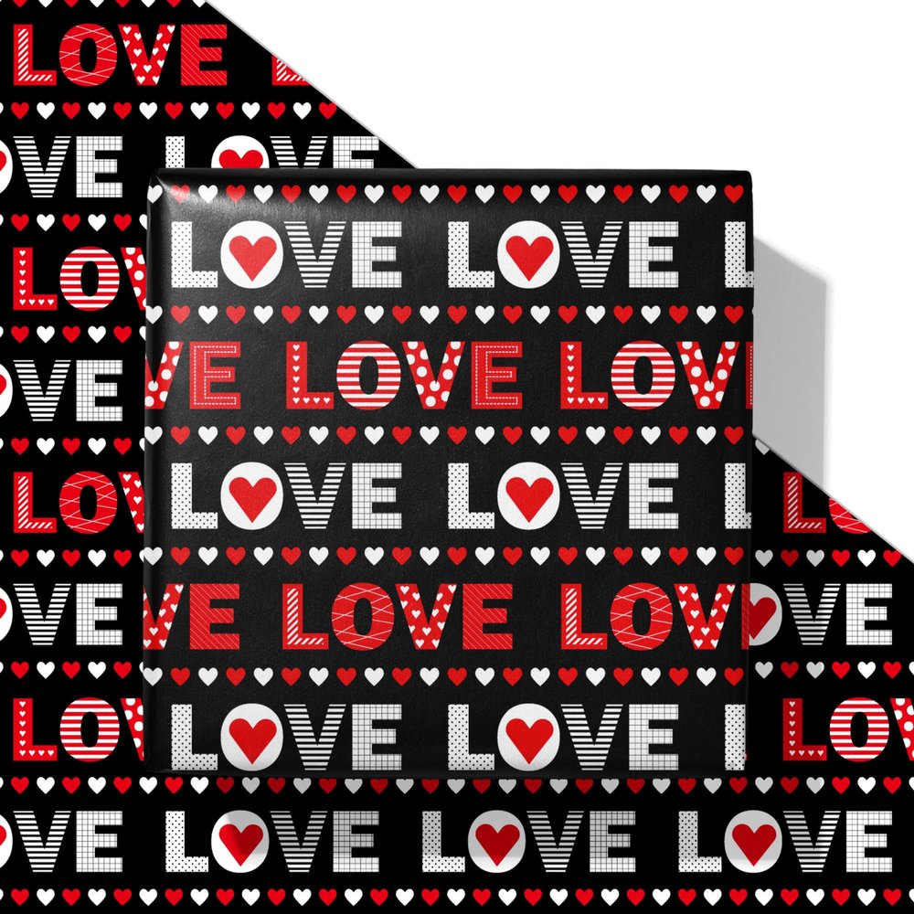 SaringSwoon Valentines Day Wrapping Paper for Couple - Black Gift Wrap With Red White LOVE, Hearts for Valentine, Wedding, Braidal Shower, Anniversary and Birthday - 28x40 Inches, 4 Folded Sheets