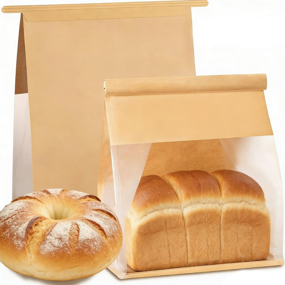 100 Pack Heavy Duty Paper Bread Bags with Tin Tie Tab Lock Sourdough Bread Bags with Window, Bread Bag for Homemade Breads, Loaf Bags for Bakery, 11x4.3x8.7