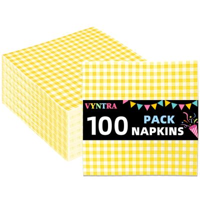 Vyntra 100 Count Gingham Disposable Paper Napkins, Checkered Party Napkins (Yellow Gingham-100, 100 Pcs)