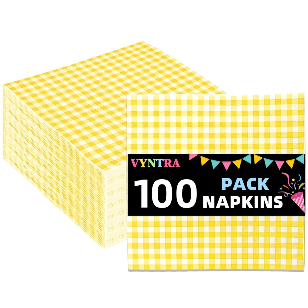 Vyntra 100 Count Gingham Disposable Paper Napkins, Checkered Party Napkins (Yellow Gingham-100, 100 Pcs)