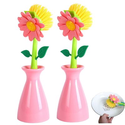2-Pack Dish Brush with Holder, Flower Shaped Kitchen Sink Brush with Long Handle, Non-Scratch Pot Scrubber for Dishes & Pans, Decoraciones de invierno