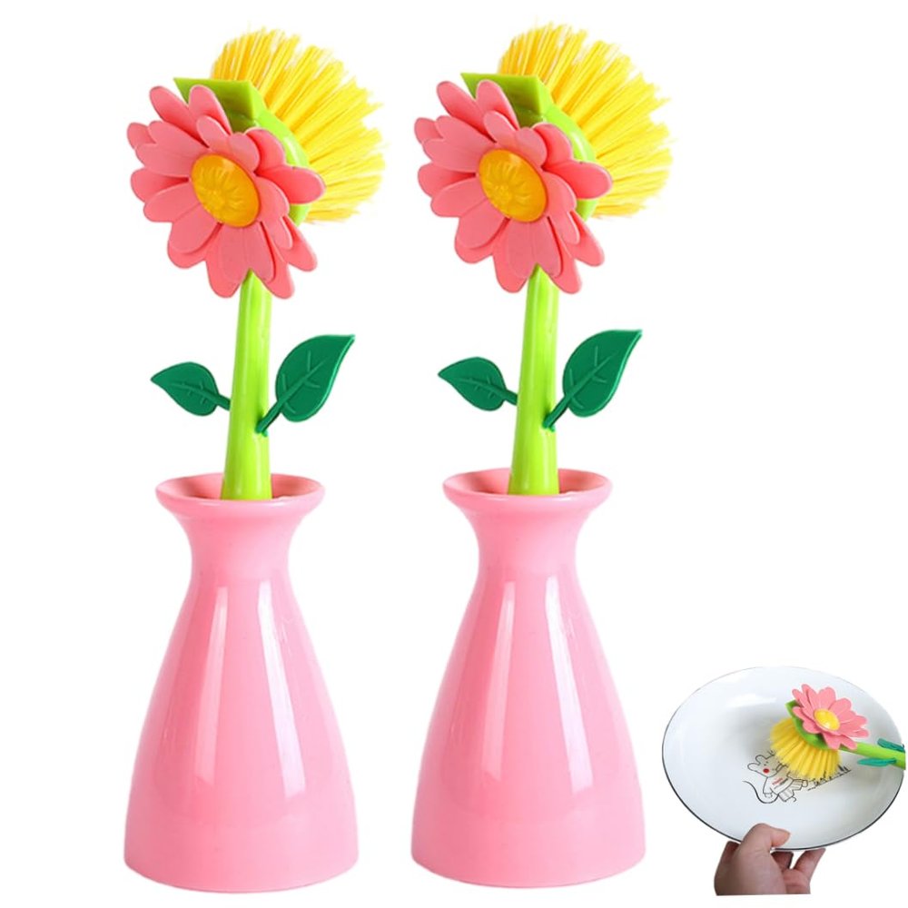 2-Pack Dish Brush with Holder, Flower Shaped Kitchen Sink Brush with Long Handle, Non-Scratch Pot Scrubber for Dishes & Pans, Decoraciones de invierno