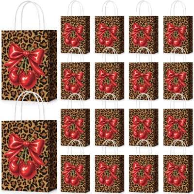 YooNotee 24 Pcs Cheetah Cherry Gift Bags Leopard Print Party Favors 8 x 6 x 3 Inch Cherry Bow Candy Bags with Handles Cheetah Print Goodie Presents for Women Bachelorette Wedding Birthday
