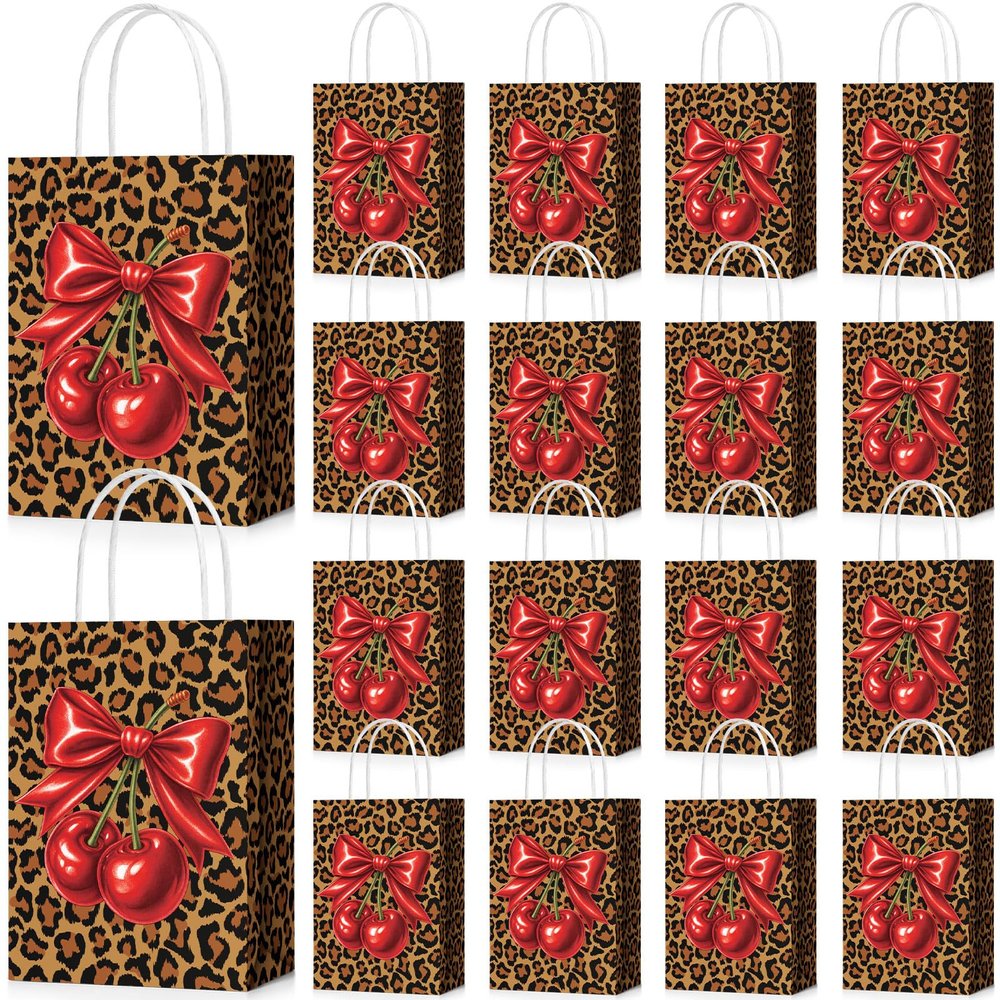YooNotee 24 Pcs Cheetah Cherry Gift Bags Leopard Print Party Favors 8 x 6 x 3 Inch Cherry Bow Candy Bags with Handles Cheetah Print Goodie Presents for Women Bachelorette Wedding Birthday
