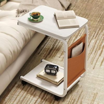 YUGXTH Mobile Overbed Table with 360 Wheels, 2-Tier Side Table with Storage Bag, Over The Couch Table, Works As Bar Tables, Dining Tables(White)