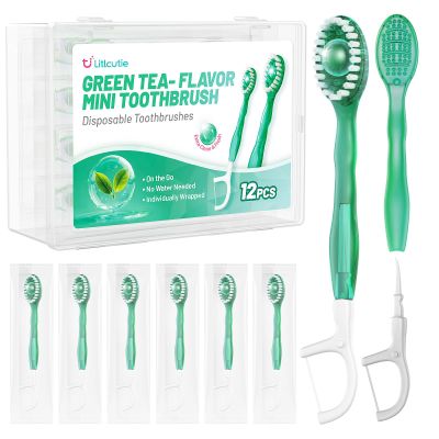 Litlcutie 12 Pack 5 in 1 Disposable Mini Toothbrushes with Toothpaste, Floss, Pick & Tongue Scraper, Individually Wrapped, Portable Toothbrush Travel Set for Kids Adults, Green Tea Flavor