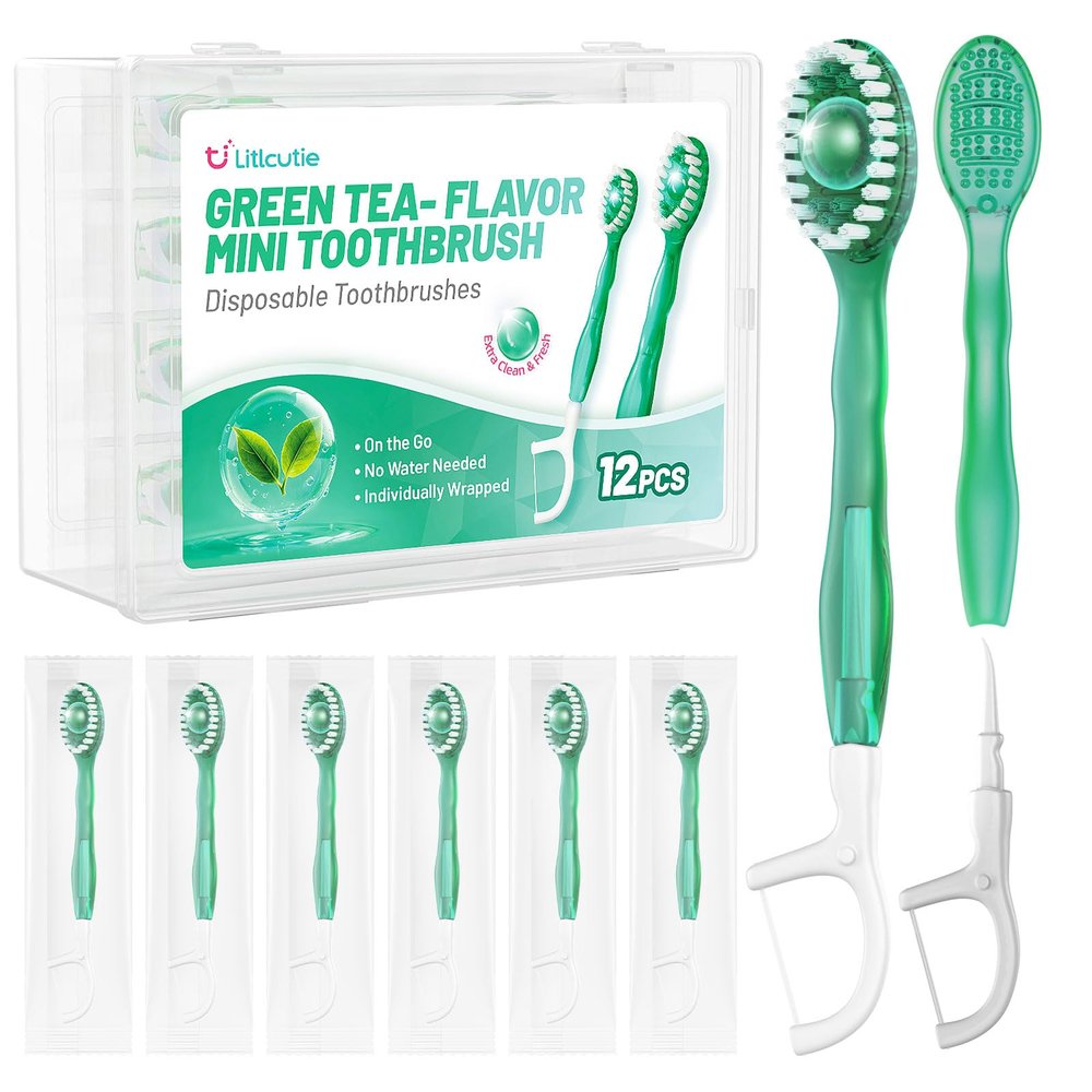 Litlcutie 12 Pack 5 in 1 Disposable Mini Toothbrushes with Toothpaste, Floss, Pick & Tongue Scraper, Individually Wrapped, Portable Toothbrush Travel Set for Kids Adults, Green Tea Flavor
