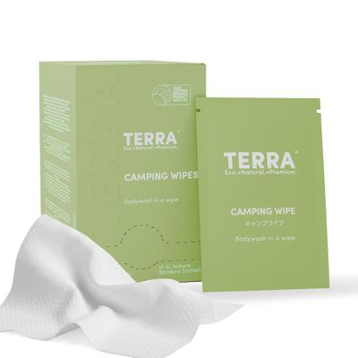 TERRA Camping Wipes | Cleansing & Refreshing for Outdoor Adventures | Aloe Vera, Chamomile, Mint & Vitamin E | Plant-Based, Biodegradable & Travel-Ready | 15 Individually Wrapped Sachets