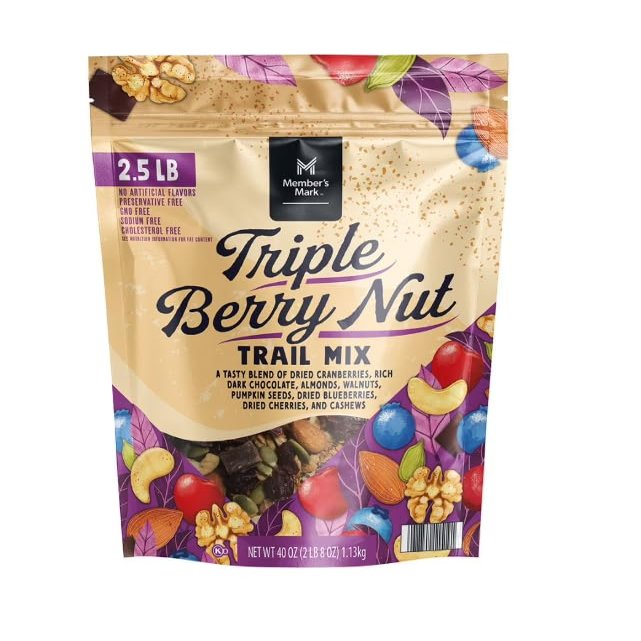 Triple Berry Nut Trail Mix, a delightful combination of sweet and tart flavors. This mix includes dried cranberries, blueberries, and cherries for a burst of fruitiness, 40 Oz