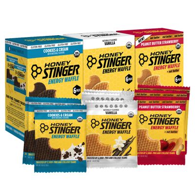 Honey Stinger Organic Energy Waffle Fan Favorites Variety Pack of 18, Vanilla, Cookies and Cream, 6 Pack Each of Peanut Butter Strawberry, Nutritious Stroopwafel Snack for Exercise, Cycling, Running