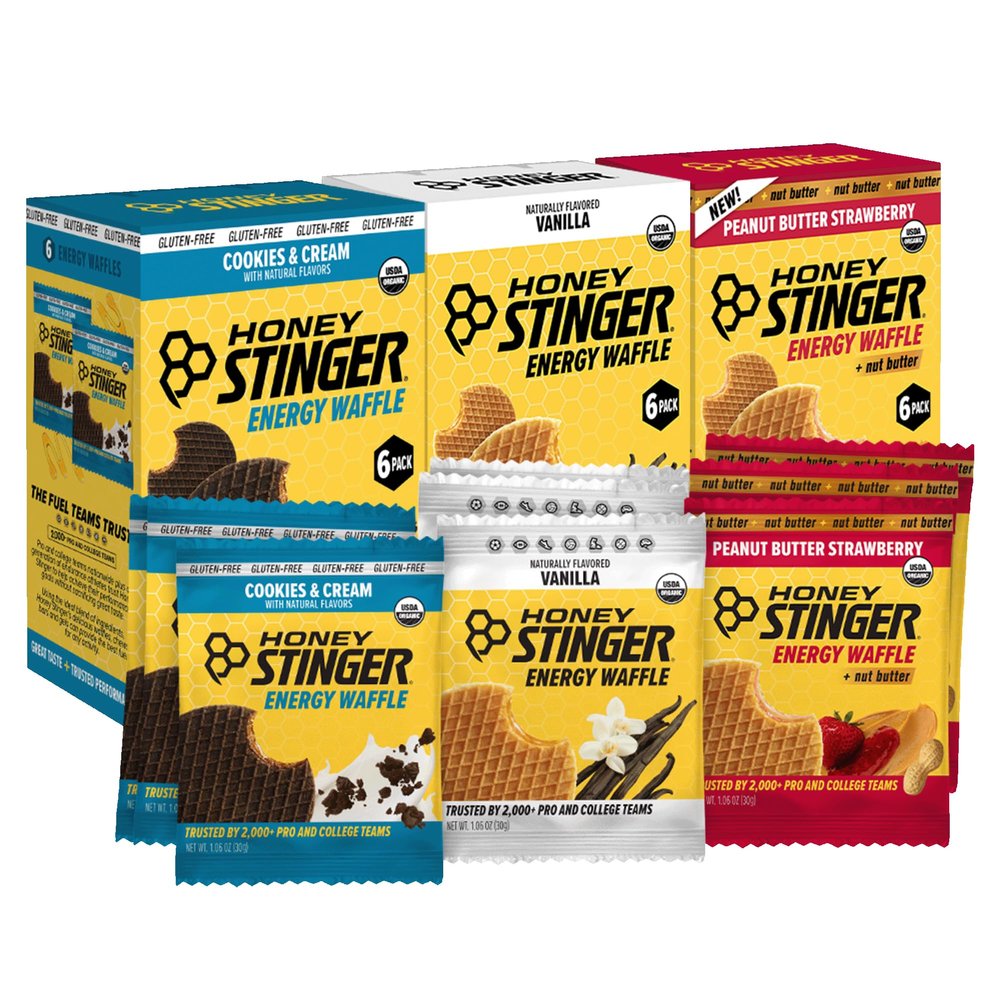 Honey Stinger Organic Energy Waffle Fan Favorites Variety Pack of 18, Vanilla, Cookies and Cream, 6 Pack Each of Peanut Butter Strawberry, Nutritious Stroopwafel Snack for Exercise, Cycling, Running