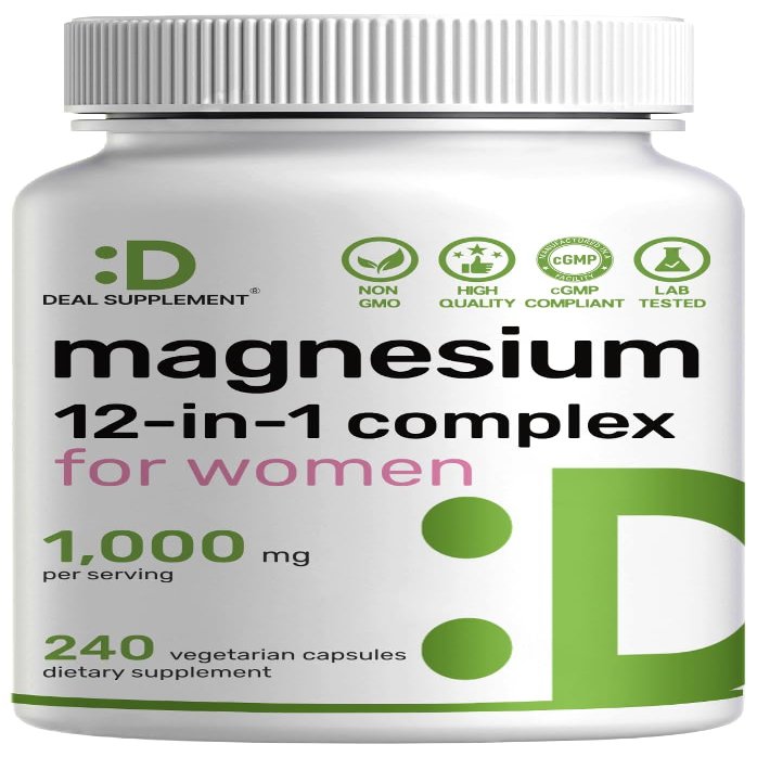 12in1 Magnesium Complex for Women 1,000 mg, 240 Vegetarian Capsules | Magnesium Glycinate, Citrate, Malate, Taurate, Orotate, Oxide & More | Chelated & Purified for Better Absorption