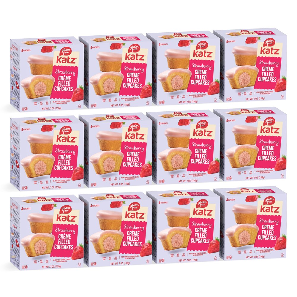 Katz Gluten Free Creme Filled Strawberry Cupcakes. Free of Dairy, Peanuts, Tree Nuts, and Sesame. Kosher, 7oz (12Pk)