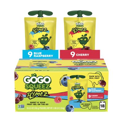GoGo squeeZ No Sugar Added Variety Pack Blue Raspberry and Cherry SlymeZ Fruit Gel On The Go, 3.5 oz Pouches (Pack of 18) Gluten Free, Nut Free, Recloseable Cap, BPA Free