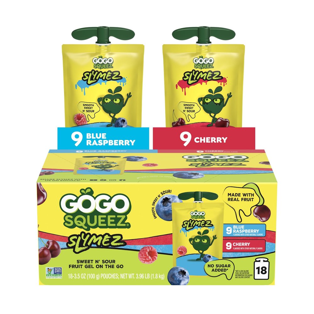 GoGo squeeZ No Sugar Added Variety Pack Blue Raspberry and Cherry SlymeZ Fruit Gel On The Go, 3.5 oz Pouches (Pack of 18) Gluten Free, Nut Free, Recloseable Cap, BPA Free