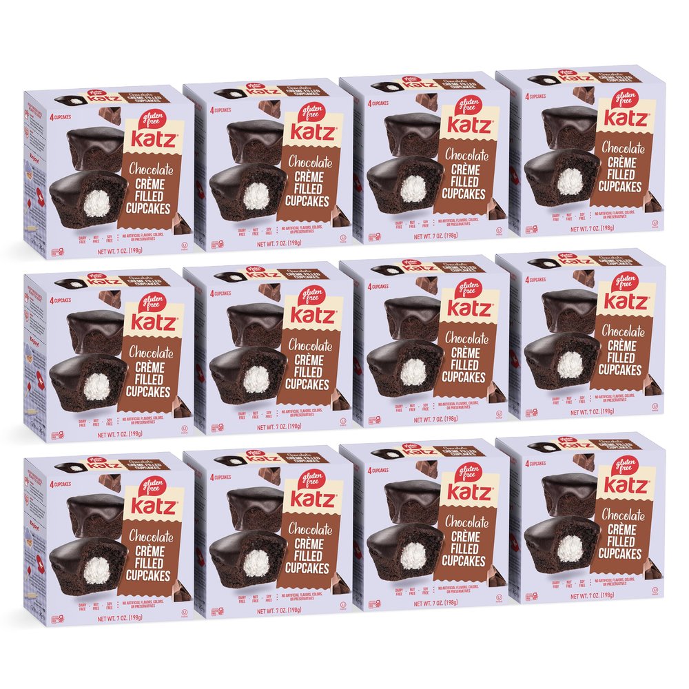 Katz Gluten Free Chocolate Creme Filled Cupcakes. Free of Dairy, Peanuts, Tree Nuts, and Sesame. Kosher, 7oz (12Pk)