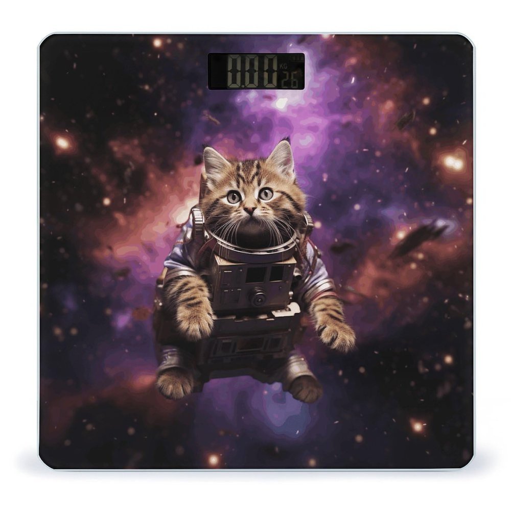A Cat in Outer Space Scale for Body Weight Sturdy Tempered Glass Weighing Scales with LCD Display Accurate Digital Bathroom Scale Convenient Body Fat Smart Scales Easy Read