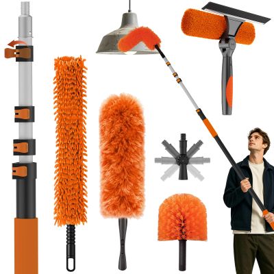 25FT Reach High Ceiling Duster Kits with 5-20FT Adjustable Pole - Includes Extra Long Duster, High Ceiling Duster, Rotatable Window Squeegee & Cobweb Duster for Ceiling Fans and Whole House Cleaning