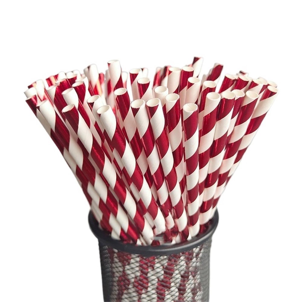 Paper Straws 100pcs Biodegradable Disposable Drinking Paper Straws Bronzing Foil For Birthday Wedding Decor Christmas Party Event Supplies(Red stripes)